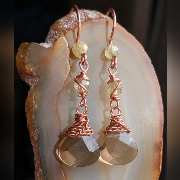 Smokey Quartz Earrings Green Garnet Accents Dangle Drop Artisan Handmade - Picture 2 of 12